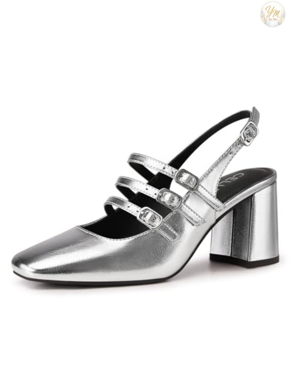 Women's Slingback Chunky Heel Pumps Faux Leather Square Toe Buckle